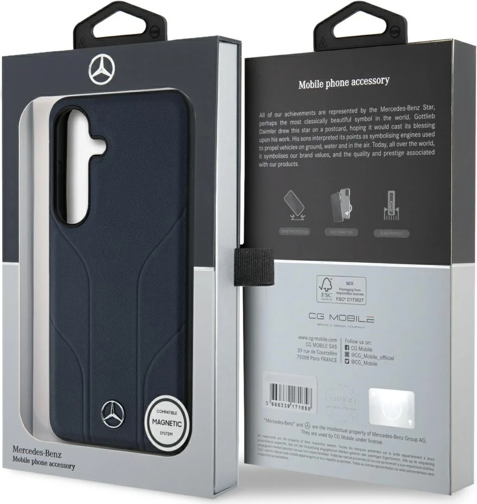 Ovitek iz usnja z vtisnjenimi črtami MagSafe, Mercedes, za Samsung Galaxy S25, moder