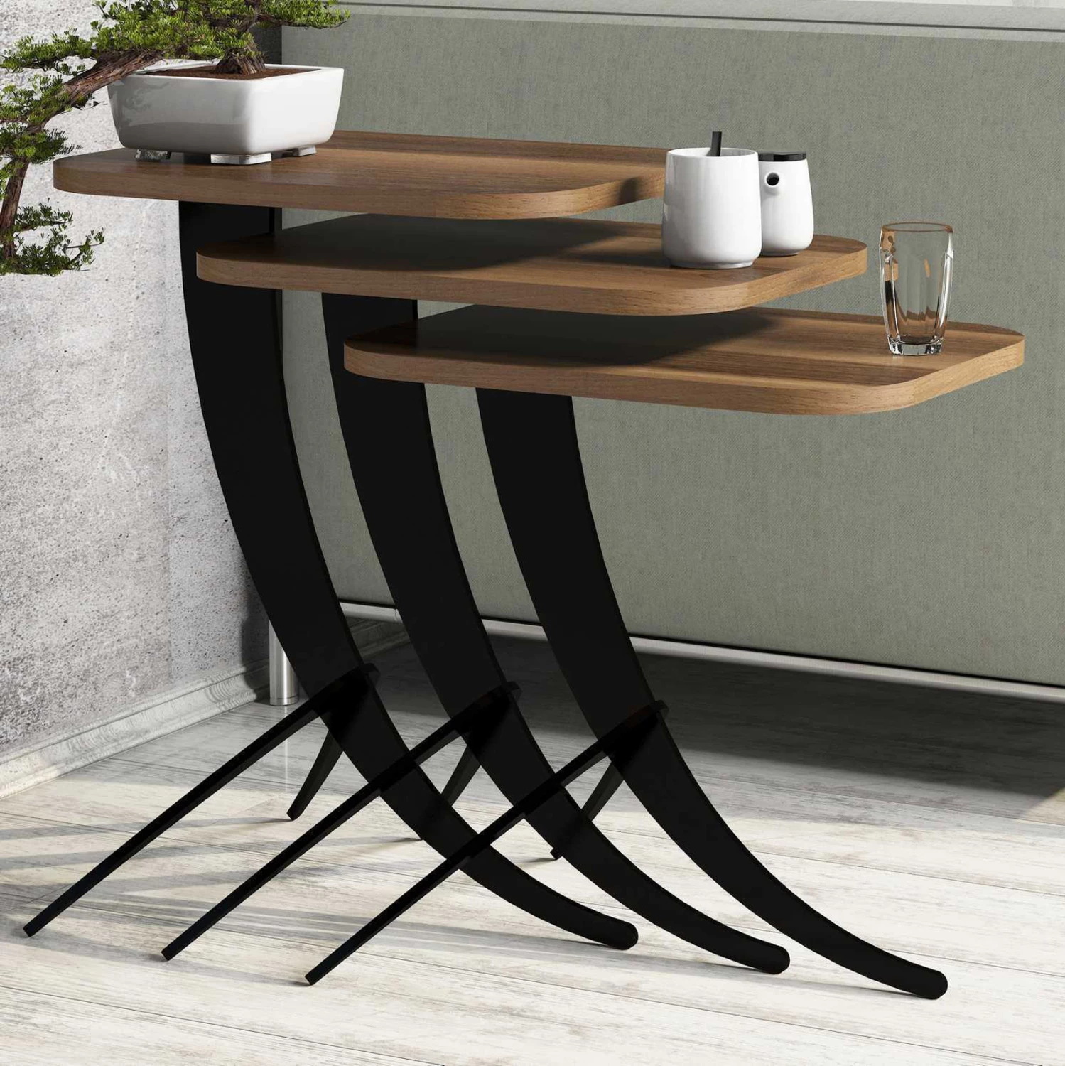 Pomožne mize 3 kosi FH9508.03 melamin v barvi oreha-črne kovinske noge 35x45x60H cm