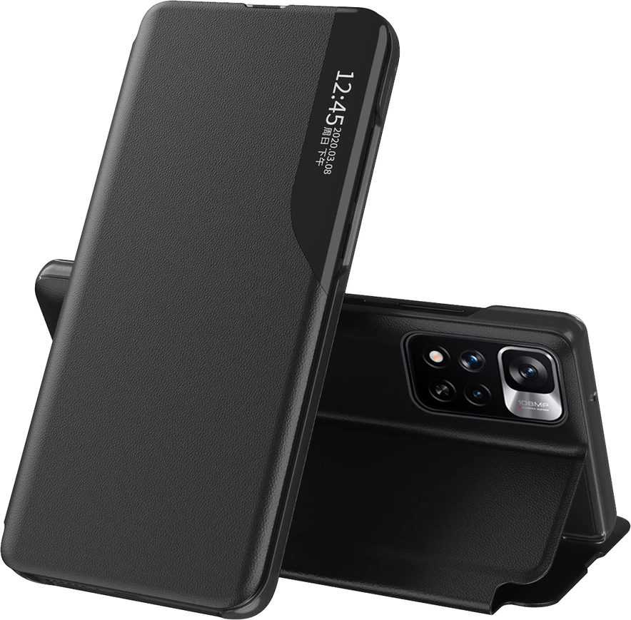 Ovitek Eco Leather View Hurtel za Xiaomi Redmi Note 11 Pro+ 5G / 11 Pro 5G / Mi 11i HyperCharge / Poco X4 NFC 5G, črn