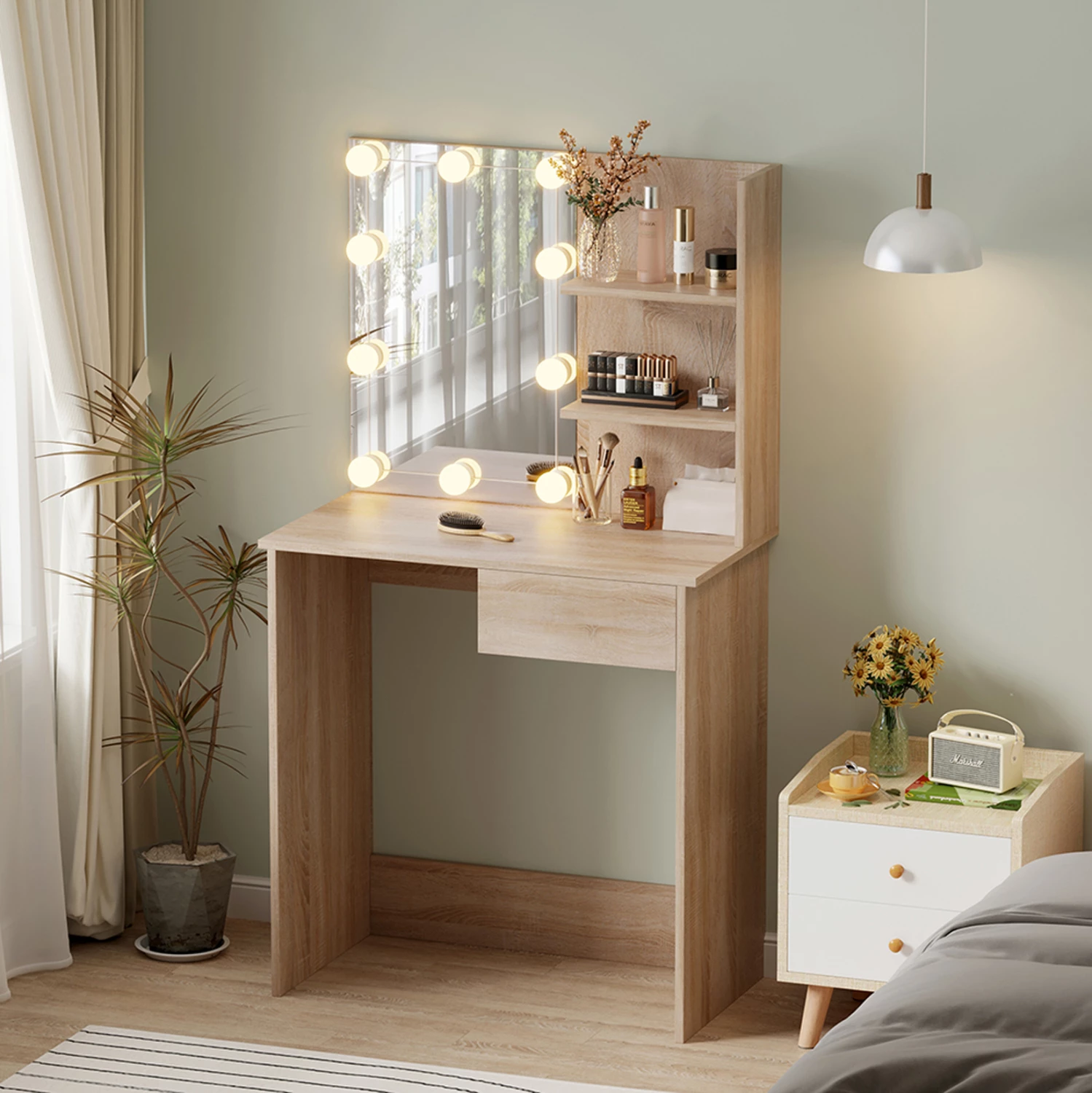 Tualetna mizica z LED lučmi in policami, LAURYN FH2501.01, melamin, barva SONAMA, 75x40x134.5H cm