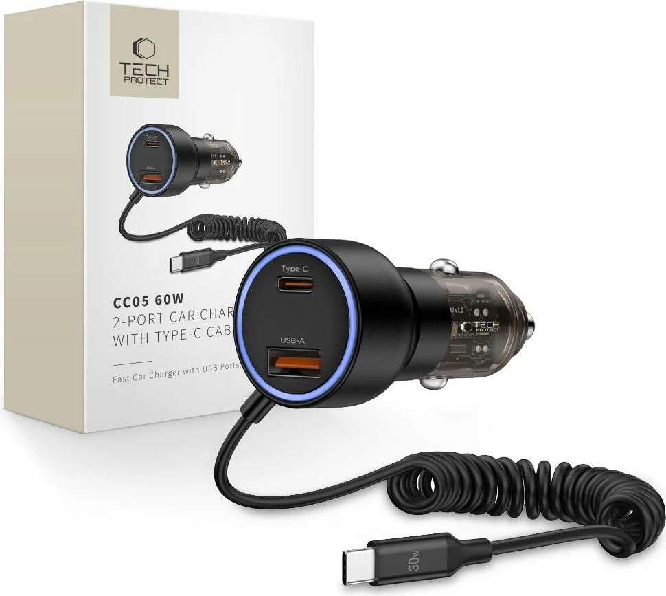Polnilec za avto Tech-Protect CC05, 2 priključka, 60W, z USB-C kablom, črn