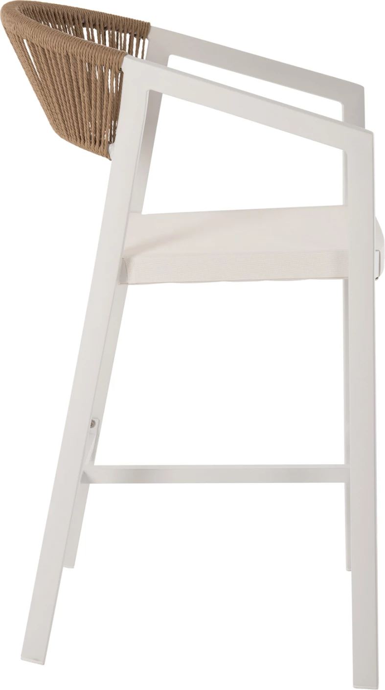 Barski stol iz aluminija bele barve FH5892.12 srednje višine z nasloni za roke - ratan in tekstil 56.5x57x99.5 cm