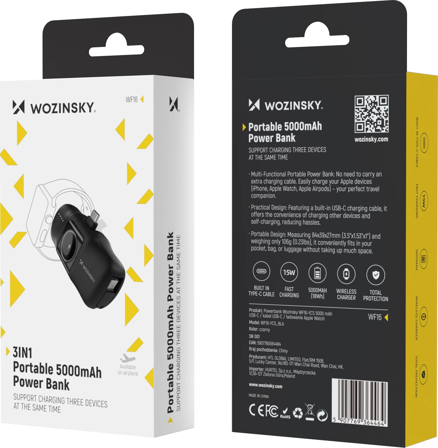 Prenosna baterija Wozinsky WF16-YCS, 5000 mAh, USB-C, z vgrajenim kablom in polnilcem za Apple Watch, črna