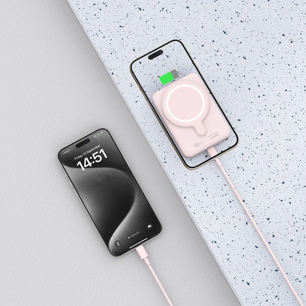 Zunanji akumulator 10000 mAh, MagSafe, USB-C, rožnat z USB-C kablom Tech‑Protect LifeMag PB11