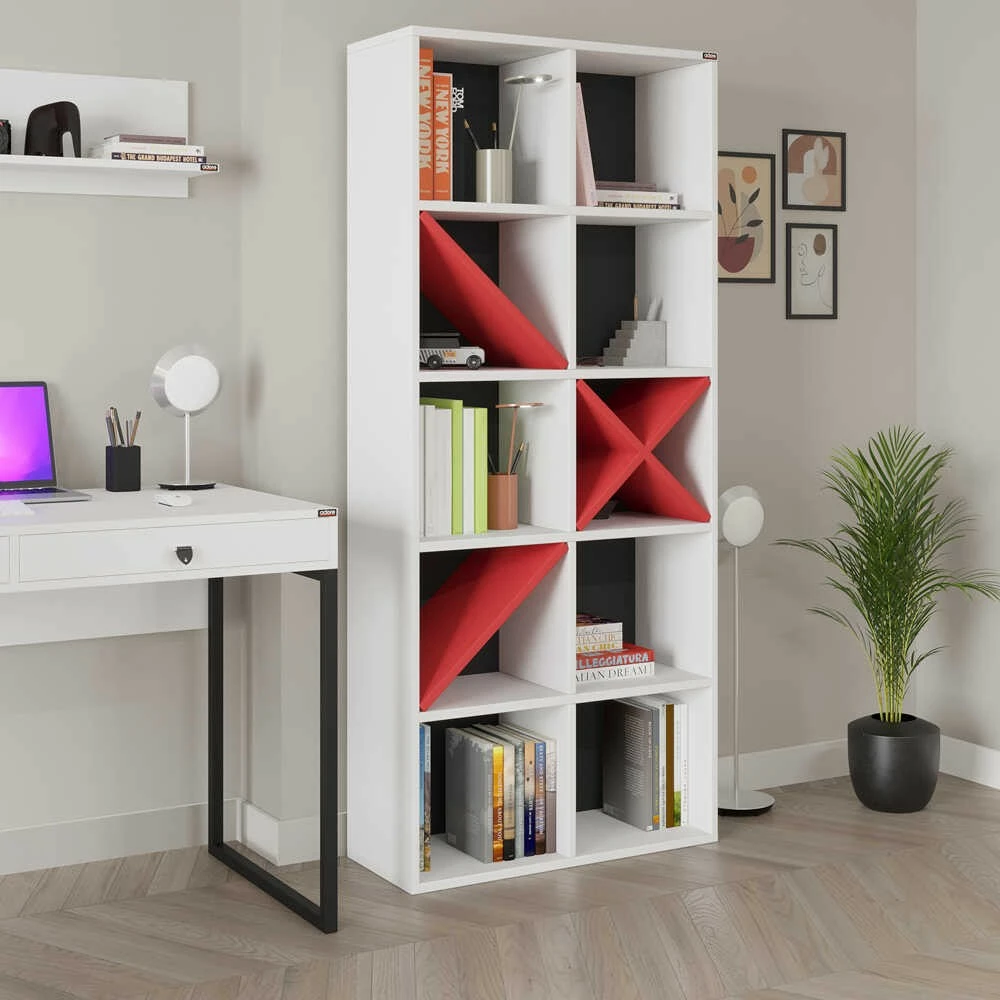 Raft za knjige, Hanah Home KTP-910-BK-1, bel in rdeč, 75x188x30 cm