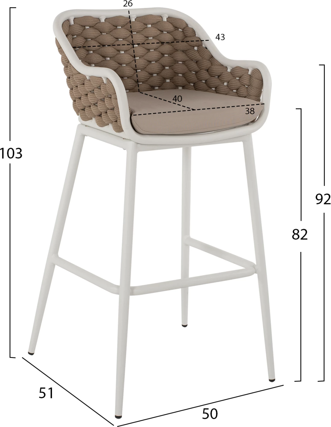 Stol iz aluminija bele barve z bež vrvjo 50x51x103H cm FH5862.02