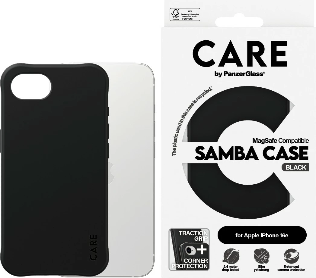 Zaščitni ovitek PanzerGlass CARE Case Samba z MagSafe, črn, za iPhone 16e