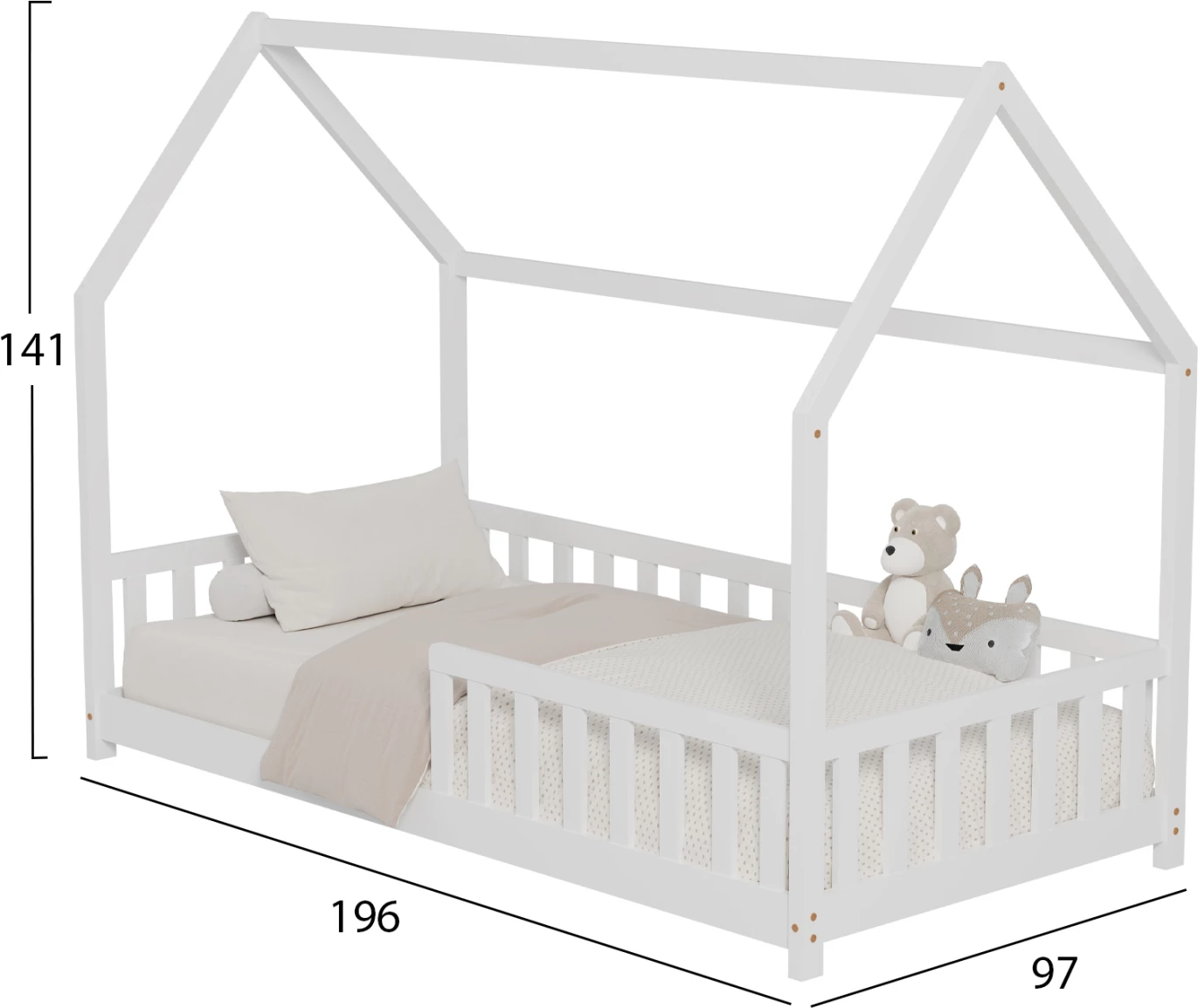 Postelja za otroke z ograjo PHYLLIS FH679.03 t.MONTESSORI iz masivnega borovega lesa v beli barvi - 190x90cm