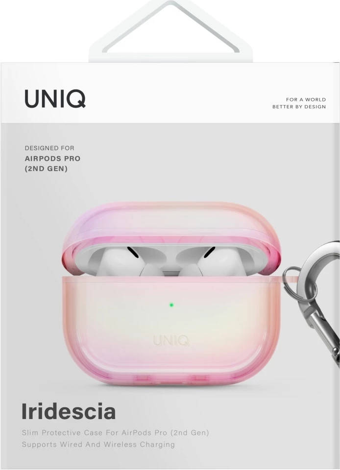Ovitek za AirPods Pro 2 UNIQ Iridescia, holo rožnat s karabinkom