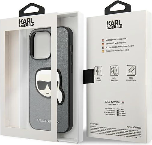 Ovitek za iPhone 14 Pro 6,1" Saffiano Karl's Head Patch, Karl Lagerfeld KLHCP14LSAPKHG, srebrn