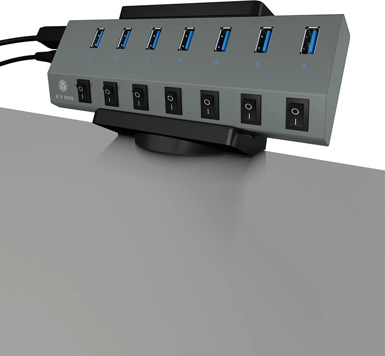 Nosilec za USB hub ICY BOX IB-MSA106-HH, pasiven, s sponko za mizo, črn