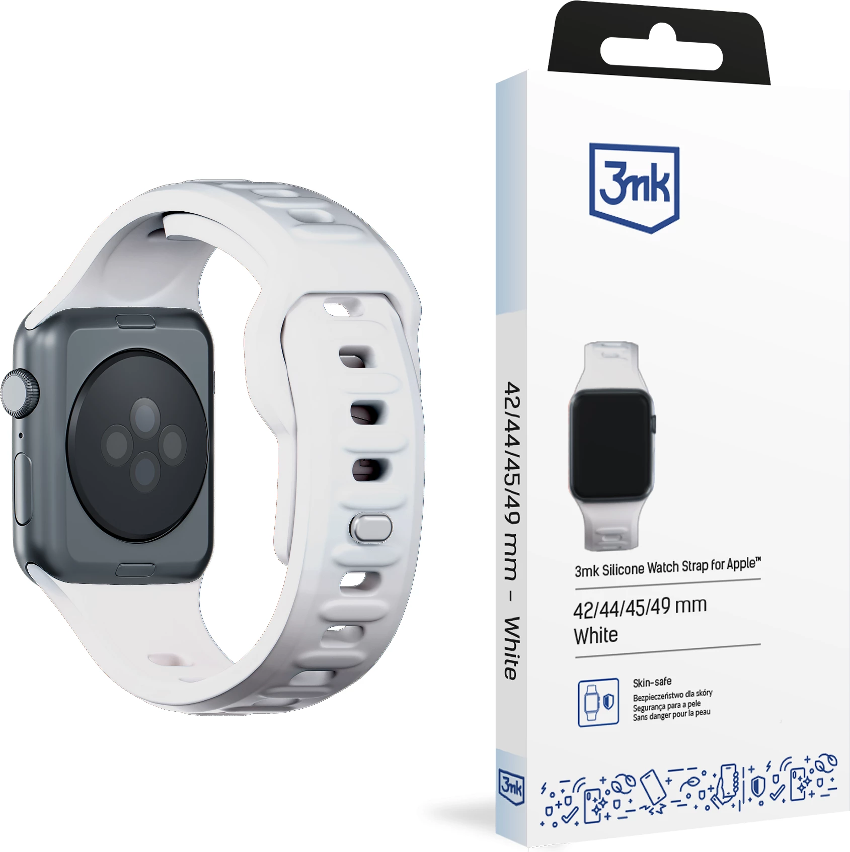 Silikonski pašček 3mk za Apple Watch, 42/44/45/49 mm, bel