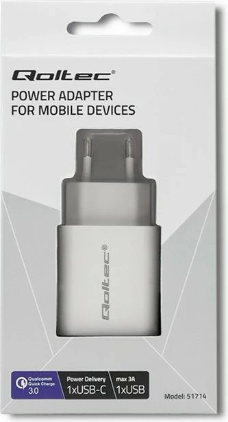 Stenski polnilec 18 W Qoltec 51714, USB Type‑C PD in USB QC 3.0, bel
