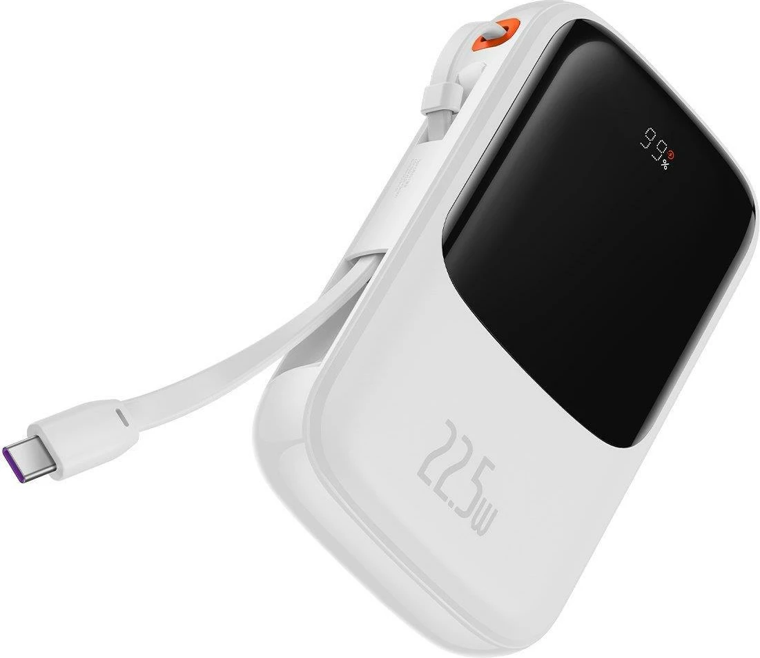Powerbank z digitalnim zaslonom 10.000 mAh, 22,5 W, z vgrajenim USB-C kablom, Baseus Qpow, bel