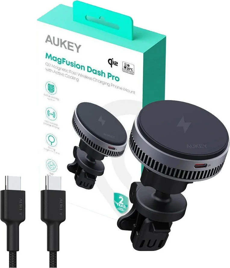 Magnetni nosilec za avto AUKEY HD-MC13A MagFusion Dash Pro, brezžično polnjenje Qi2 15W, aktivno hlajenje, črn