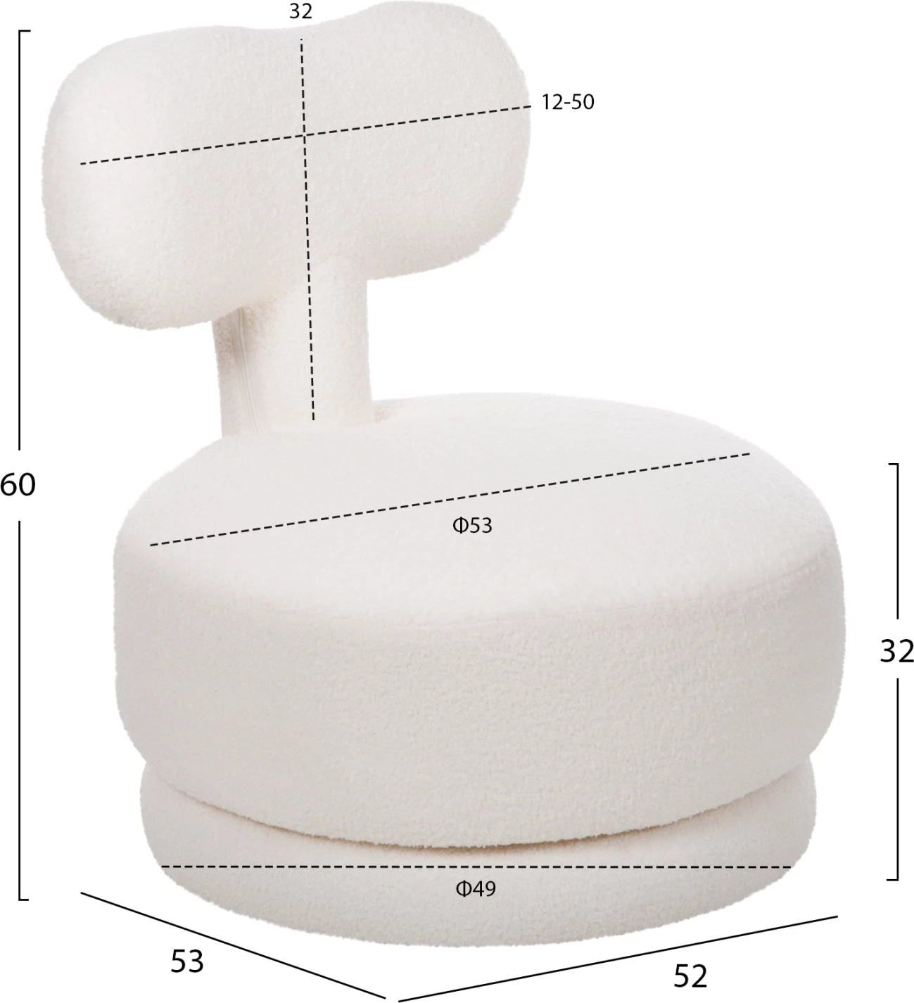 Vrtljiv stol s hrbtom KRIVIO FH9775.05 iz bele tkanine TEDDY 52x53x60Hcm