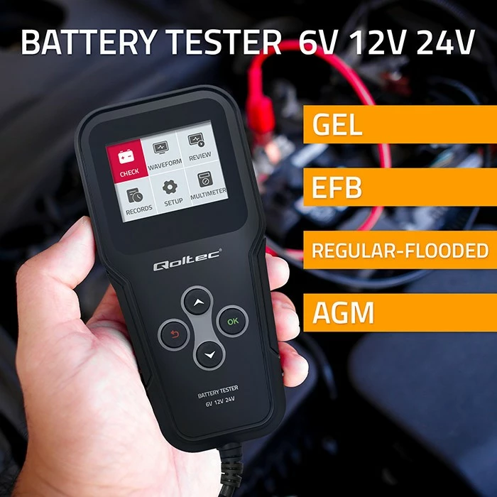 Tester akumulatorjev Qoltec 3-v-1, model 52489, LCD, 6V/12V/24V, črn, z etuijem