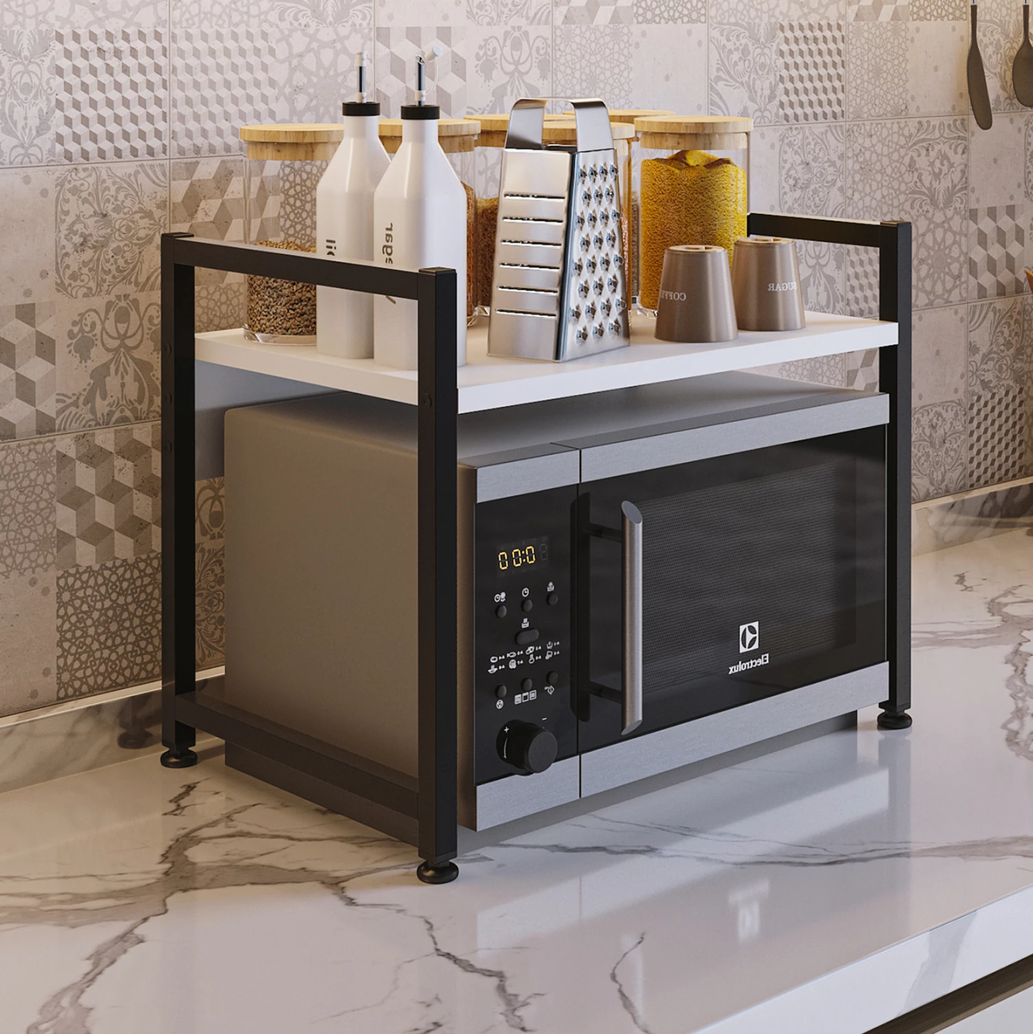 Kuhinjska organizacijska polica BECKO FH18219.01 melamin v beli-črni kovini 53x35x41Hcm