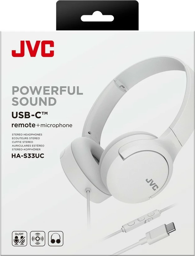 Slušalke USB-C z mikrofonom in krmilnikom, JVC HA-S33UC, kabel 1,2 m, bele