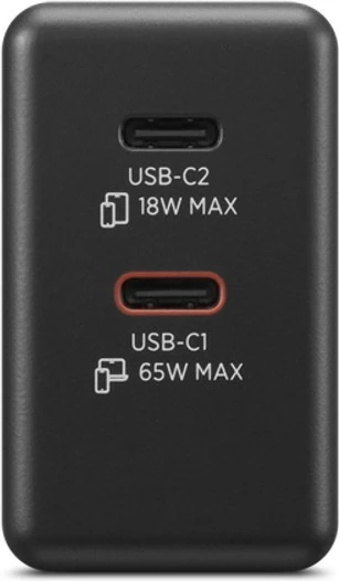 Stenski polnilec GaN z dvema USB-C, Lenovo 40AW065BEU, 65 W, z USB-C kablom 1,5 m, črn