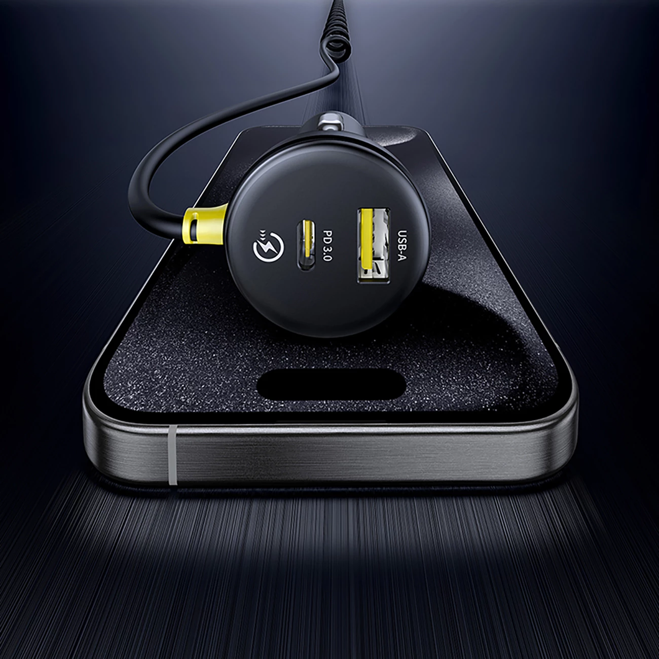 Hitri avto polnilec Baseus Circular, 60W, USB-A + USB-C, vgrajen kabel Lightning + USB-C 1,4 m, črn