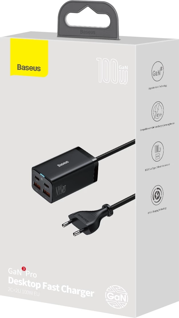 Univerzalni polnilec Baseus GaN3 Pro, 100 W, 2x USB-C, 2x USB-A, črn