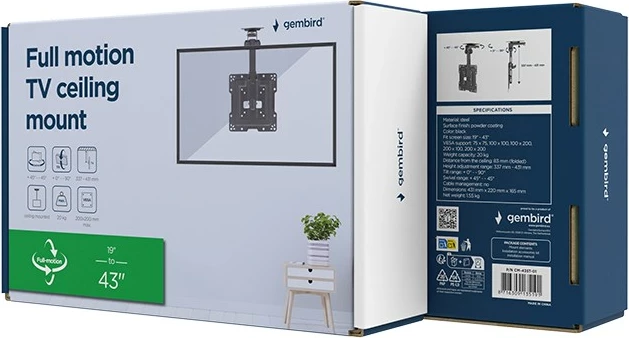 Stropni nosilec za TV/monitor Gembird CM-43ST-01, 19-43 palcev, črn