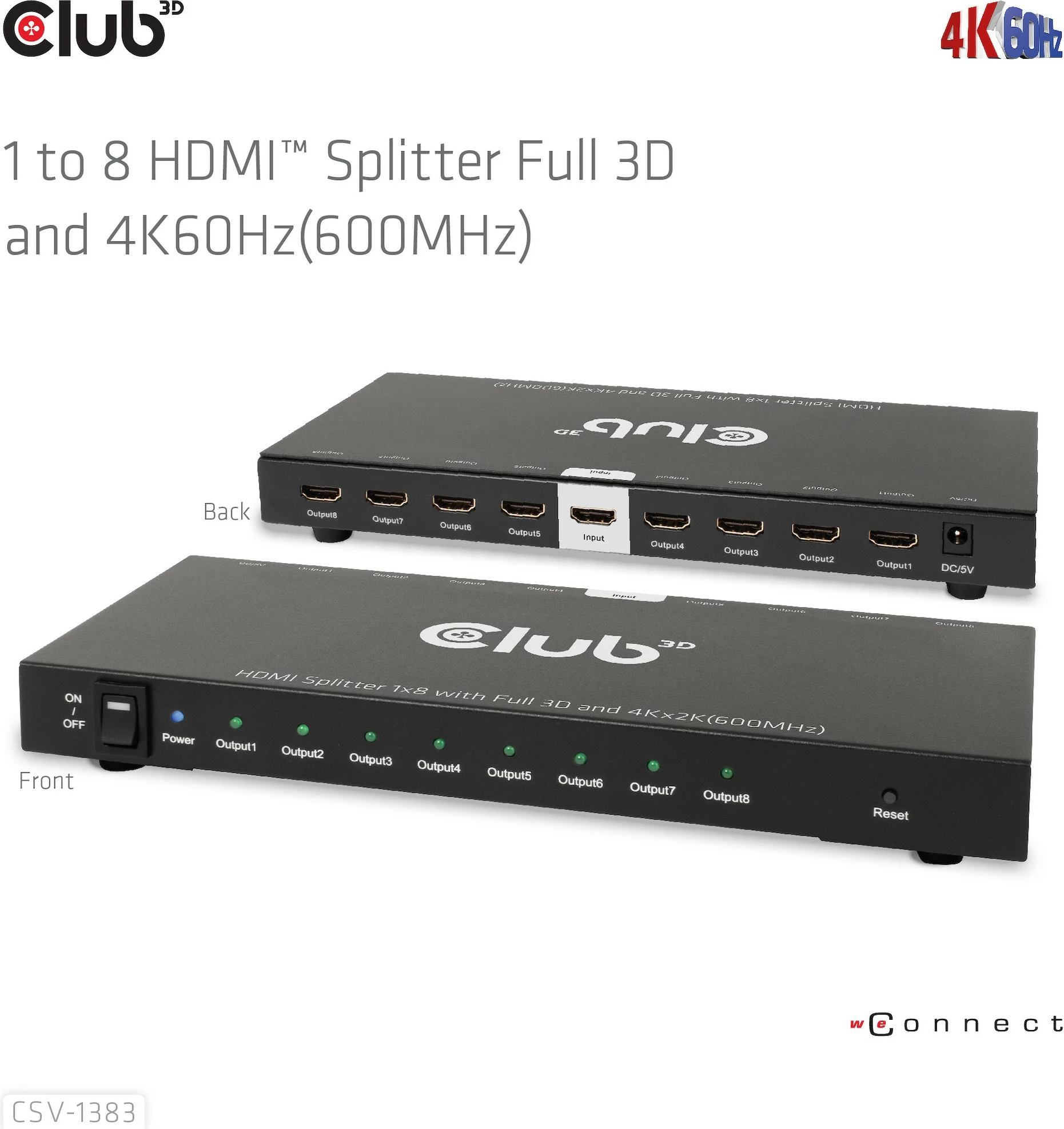 HDMI razdelilec Club3D CSV-1383, 8 izhodov, 4K60Hz, črn