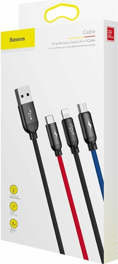 Kabel 3-v-1 v treh osnovnih barvah, Baseus Three Primary Colors CAMLT-BSY01, 1,2 m, USB-A na micro USB/Lightning/USB-C, črn/rdeč/moder