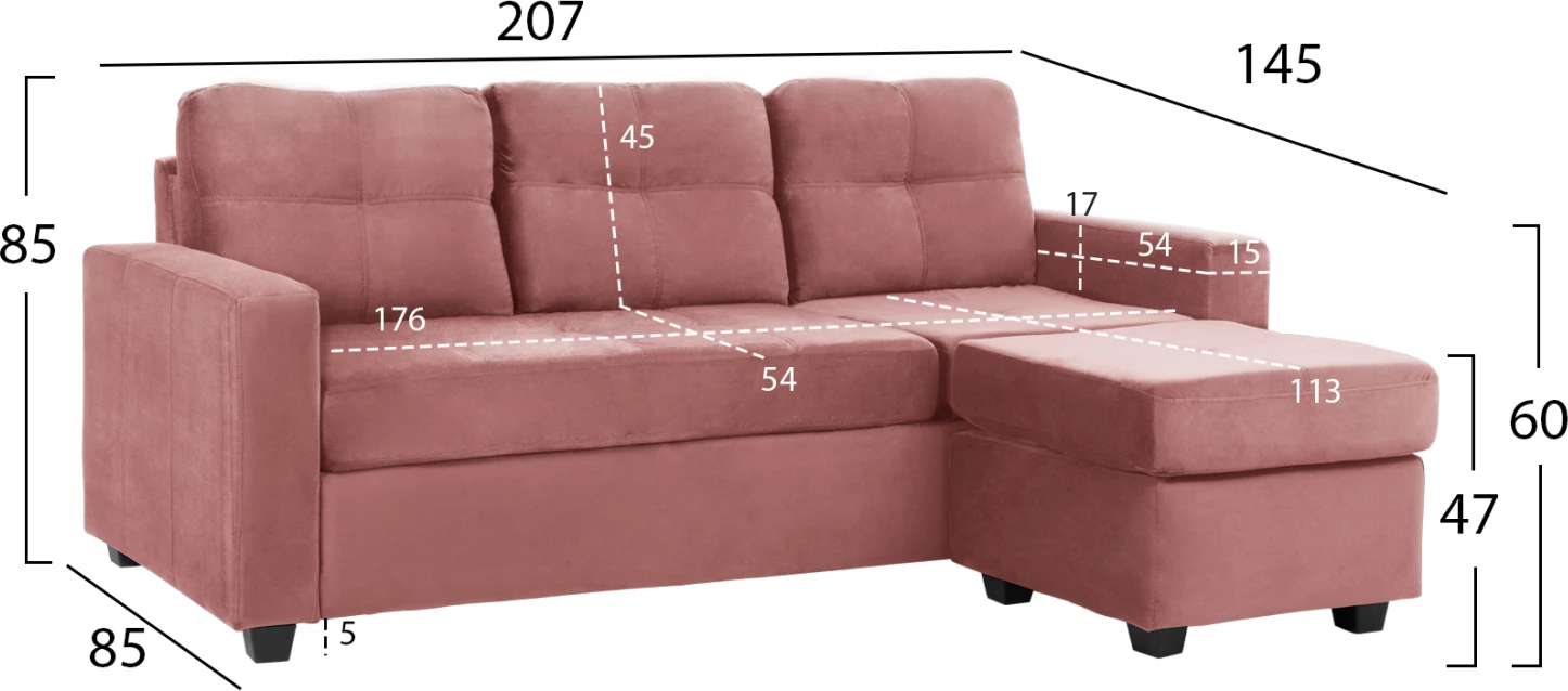 Kotna zofa iz žameta v barvi prašno roza 207x145x85Y cm. FH3004.12