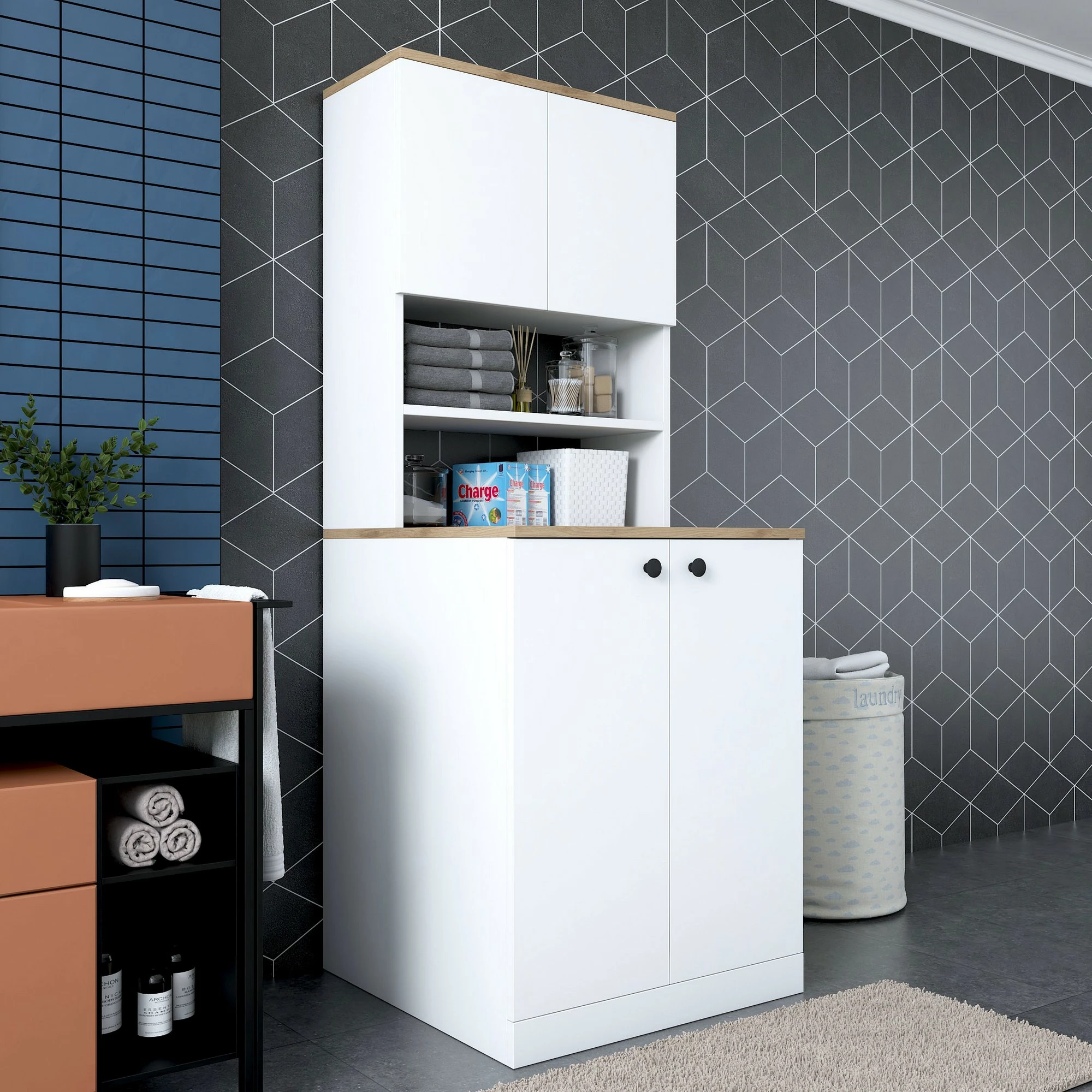 Dnevno-pralni omarica za pralni stroj, Hanah Home KD102-2160, bela in oreh