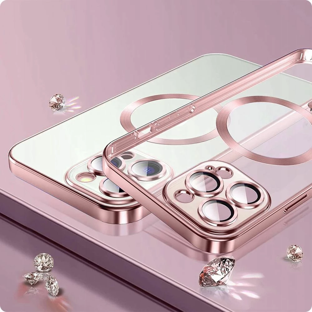 Prozoren ovitek za iPhone 15 Tech-Protect MagShine Line, prozoren/ zlata