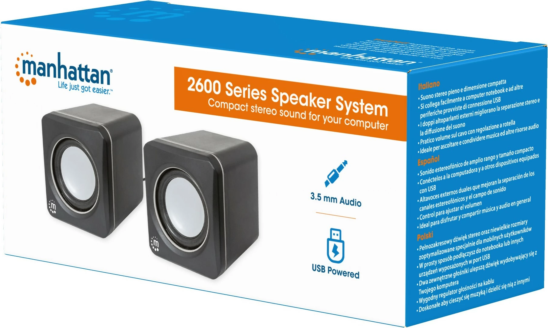Stereo zvočniki Manhattan 2600 Series, USB, 2x3W, za PC/laptop, črno/sivi