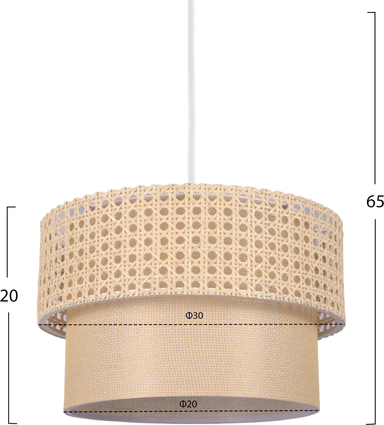 Viseča stropna svetilka FH7628.01 z dvema slojema bobna - ratan in tkanina, kovinski okvir