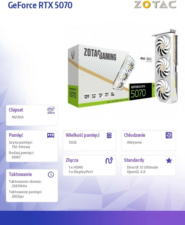 Grafična kartica ZOTAC GeForce RTX 5070 AMP, 12GB GDDR7 192-bit PCIe 5.0, 3xDP/HDMI, bela