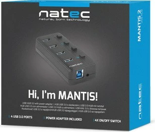 USB razdelilec Natec Mantis 2, 4 priključki, USB 3.0, s stikalom in napajanjem, črn