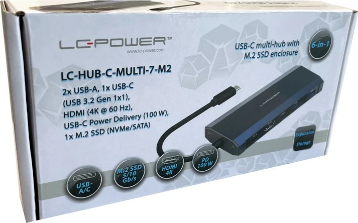 USB razširitveni hub LC-Power LC-HUB-C-MULTI-7-M2, 2x USB-A, 2x USB-C, HDMI, M.2 SSD, 100 W, antracit