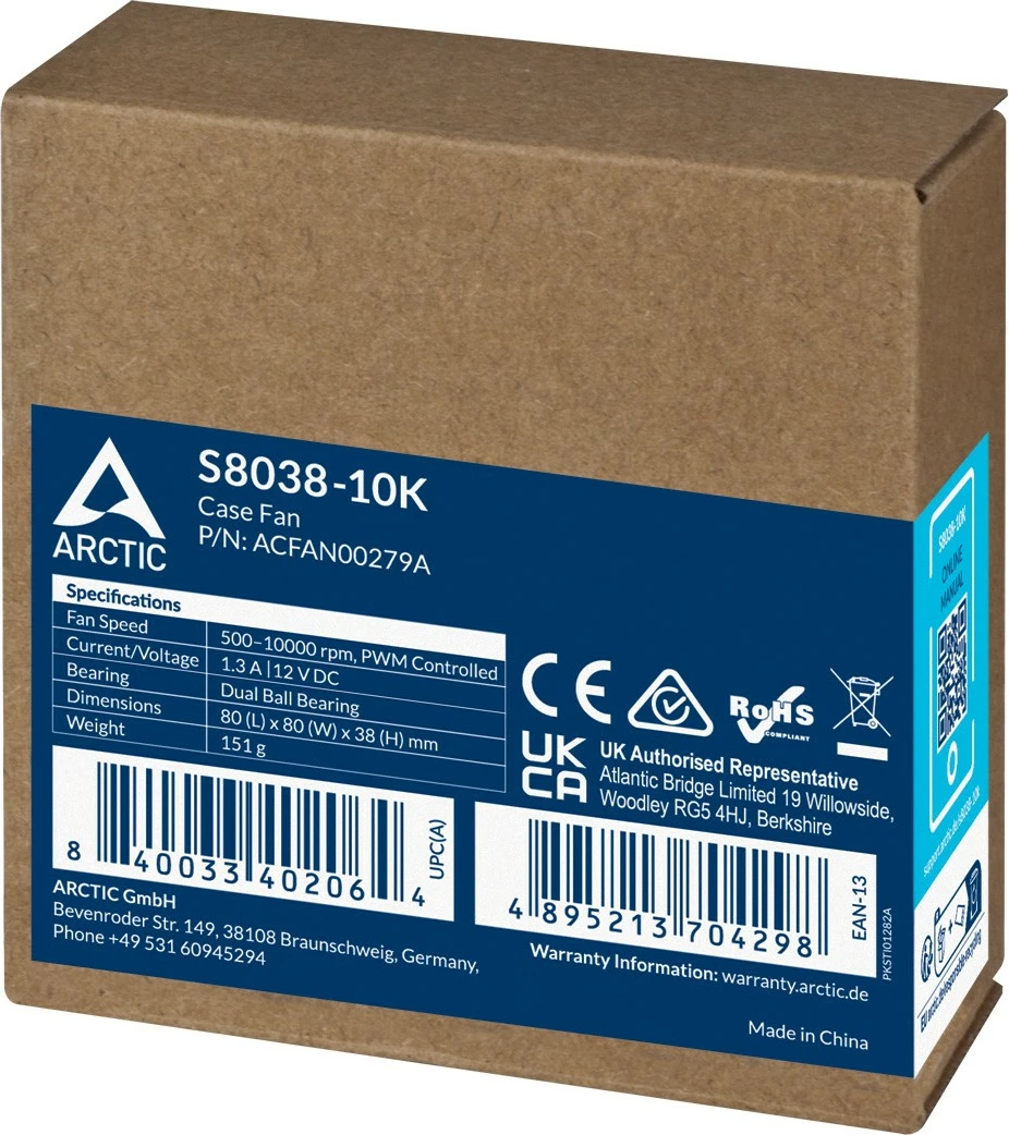 Ventilator za strežnik ARCTIC S8038-10K, 80 mm, PWM, črn