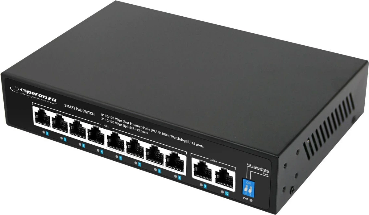 Networšni preklopnik Esperanza ENS106, 10 vrat, PoE, 10/100, 96W, črn