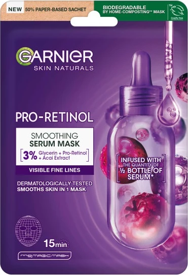 Obrazna maska v tkanini Pro-Retinol Smoothing Serum, Garnier, za ženske, 22 g
