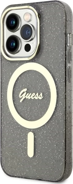 Zaščitni ovitek z bleščicami Guess GUHMP14LHCMCGK za iPhone 14 Pro 6,1", Glitter Gold MagSafe, črn