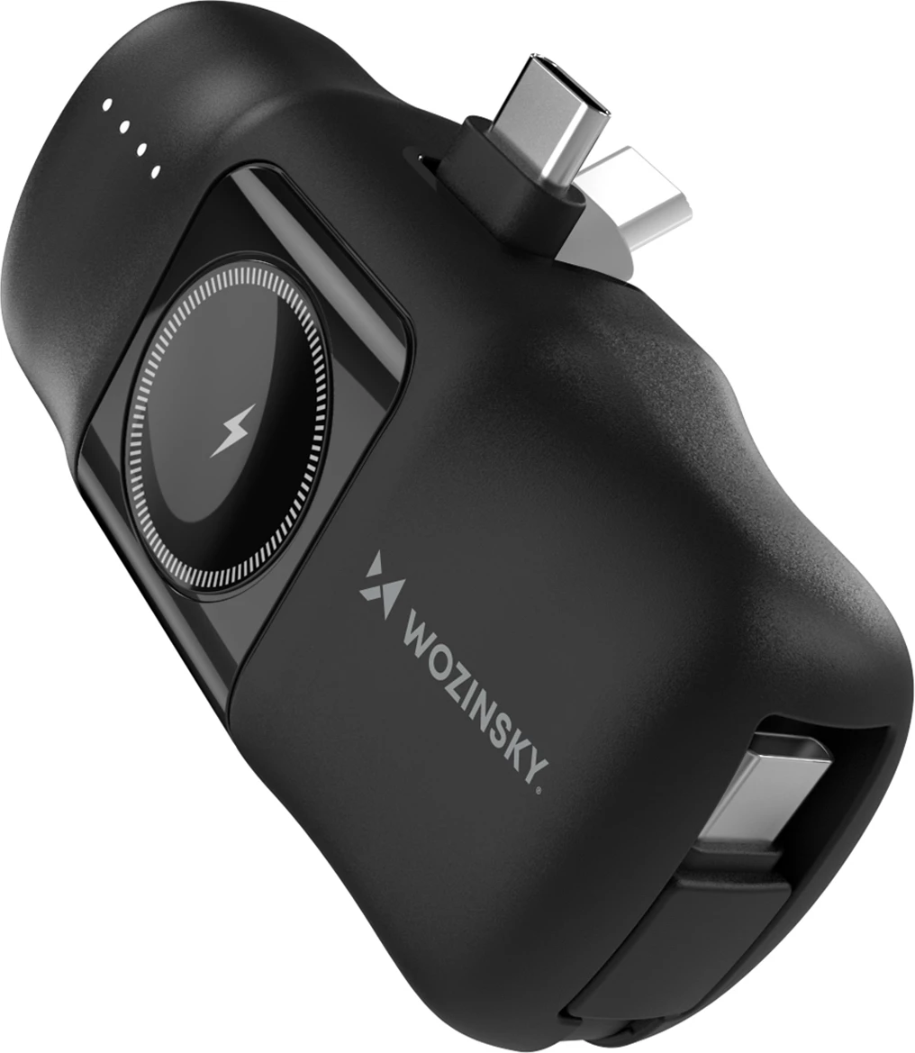 Prenosna baterija Wozinsky WF16-YCS, 5000 mAh, USB-C, z vgrajenim kablom in polnilcem za Apple Watch, črna
