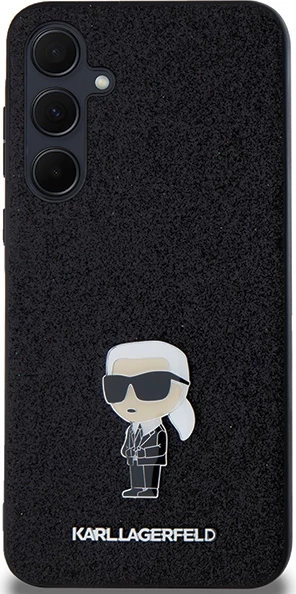 Ovitek za telefon z bleščicami in kovinsko značko Karl Lagerfeld za Samsung Galaxy A55, črn
