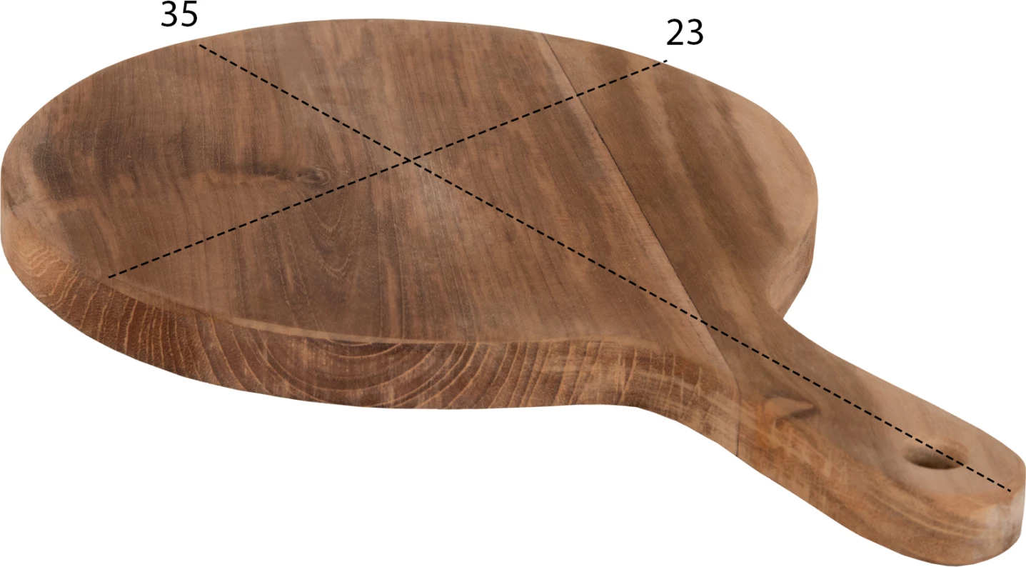 Okrogla deska za rezanje FH4292 iz tikovine v naravni barvi z luknjo za obešanje in ročajem 23x35x2Hcm