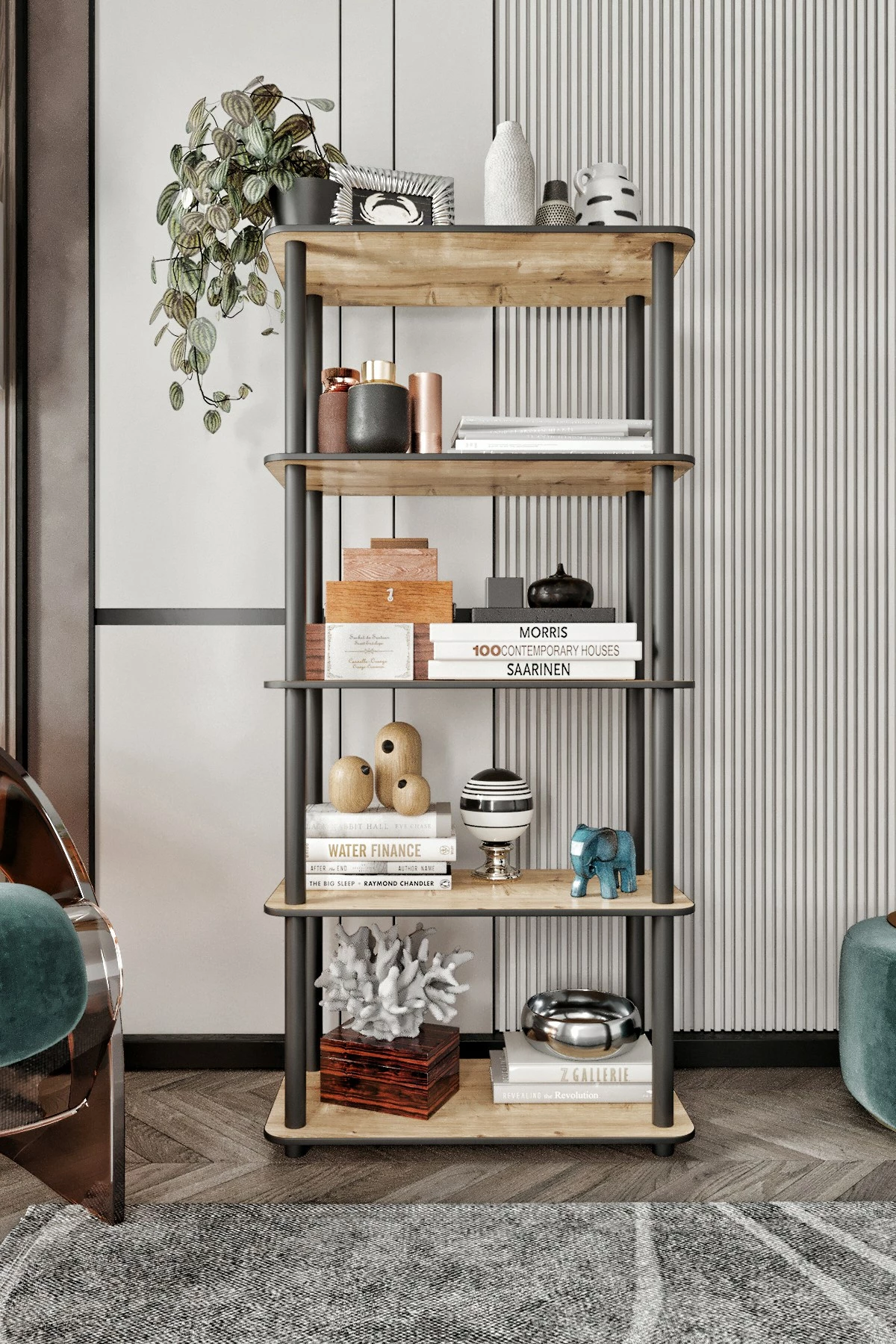 Knjižni regal, 5 polic, hrast Skye Decor