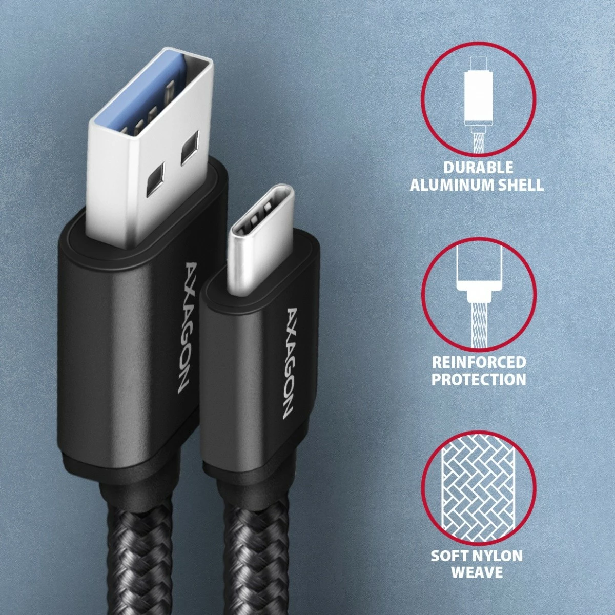Kabel USB-C v USB-A, 2 m, 3 A, opleten z najlonom AXAGON BUCM3-AM20AB, črn