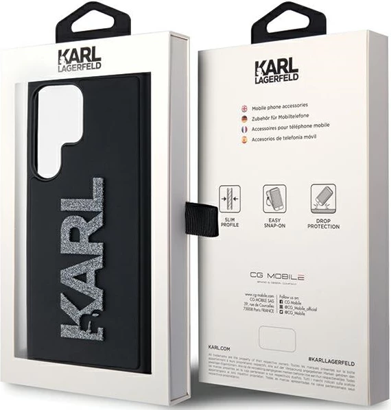 Ovitek za telefon z 3D gumijastim bleščečim logotipom Karl Lagerfeld za Samsung Galaxy S23 Ultra, črn