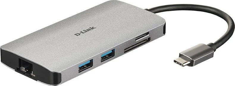 USB-C hub D-Link DUB‑M810, 8 v 1, HDMI/Ethernet/berič kartic/Power Delivery, aluminij, srebrn