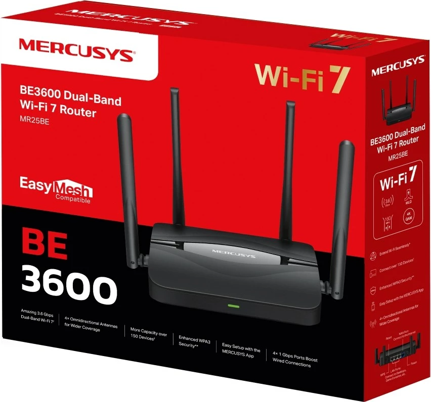 Brezžični usmerjevalnik Mercusys MR25BE, dvopasovni, Gigabit Ethernet, črn
