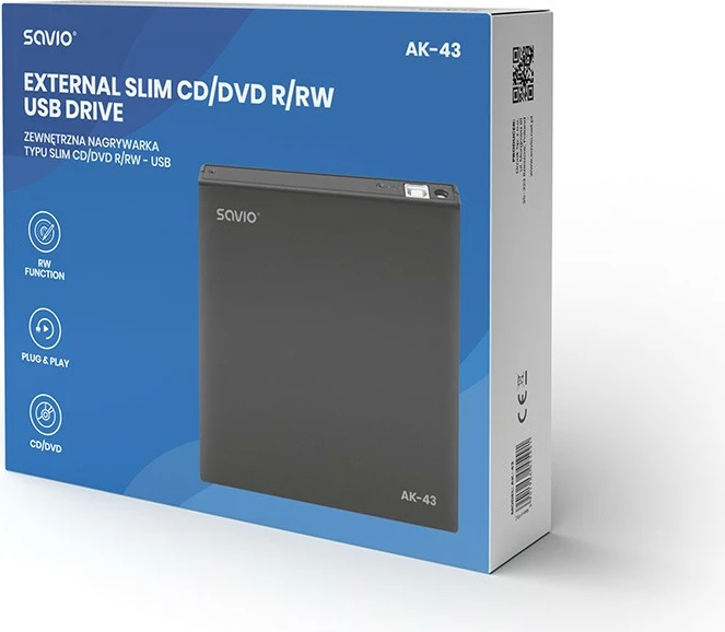 Zunanji CD/DVD pogon Savio AK-43, USB, tanek, črn